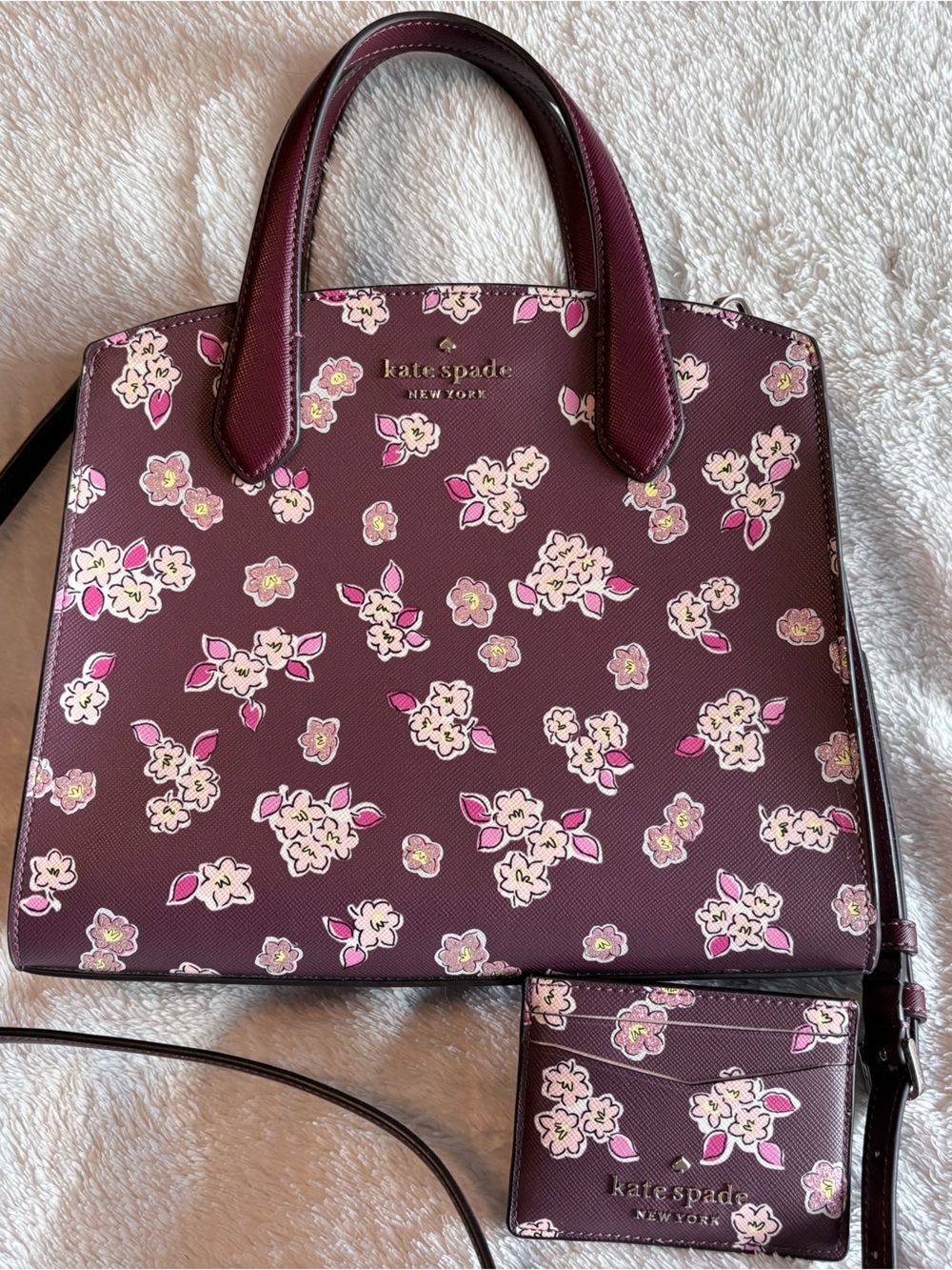 Kate Spade Frosted Floral Tinsel Satchel Deep Berry with Matching Card Holder
